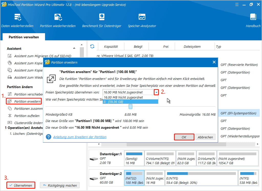 EFI-Partition mit MiniTool Partition Wizard vergrößern.
