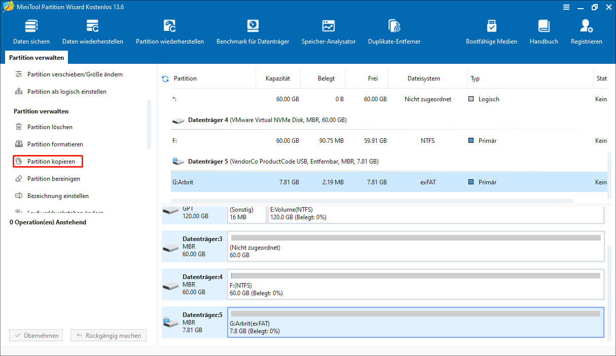 Auswahl der Option Partition kopieren im linken Aktionsbereich zur Sicherung der Partition.