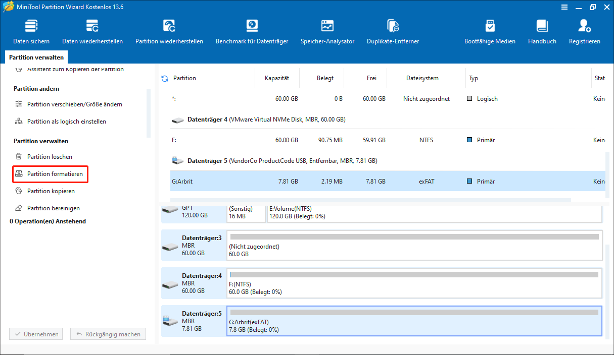 Auswahl der Option Partition formatieren zur Konvertierung von exFAT zu FAT32.