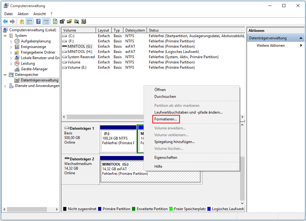 Rechtsklick auf die mit dem exFAT-Dateisystem formatierte Partition und Auswahl der Option Formatieren….