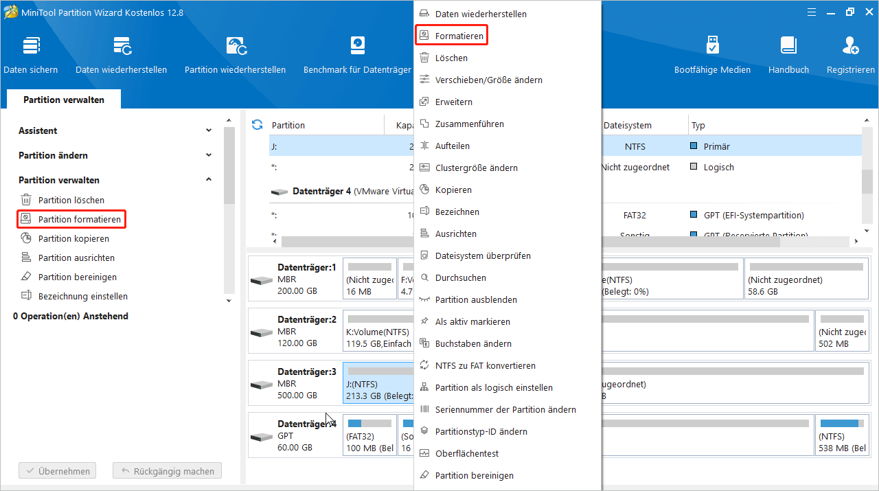 Auswahl der Option Partition formatieren in MiniTool Partition Wizard.