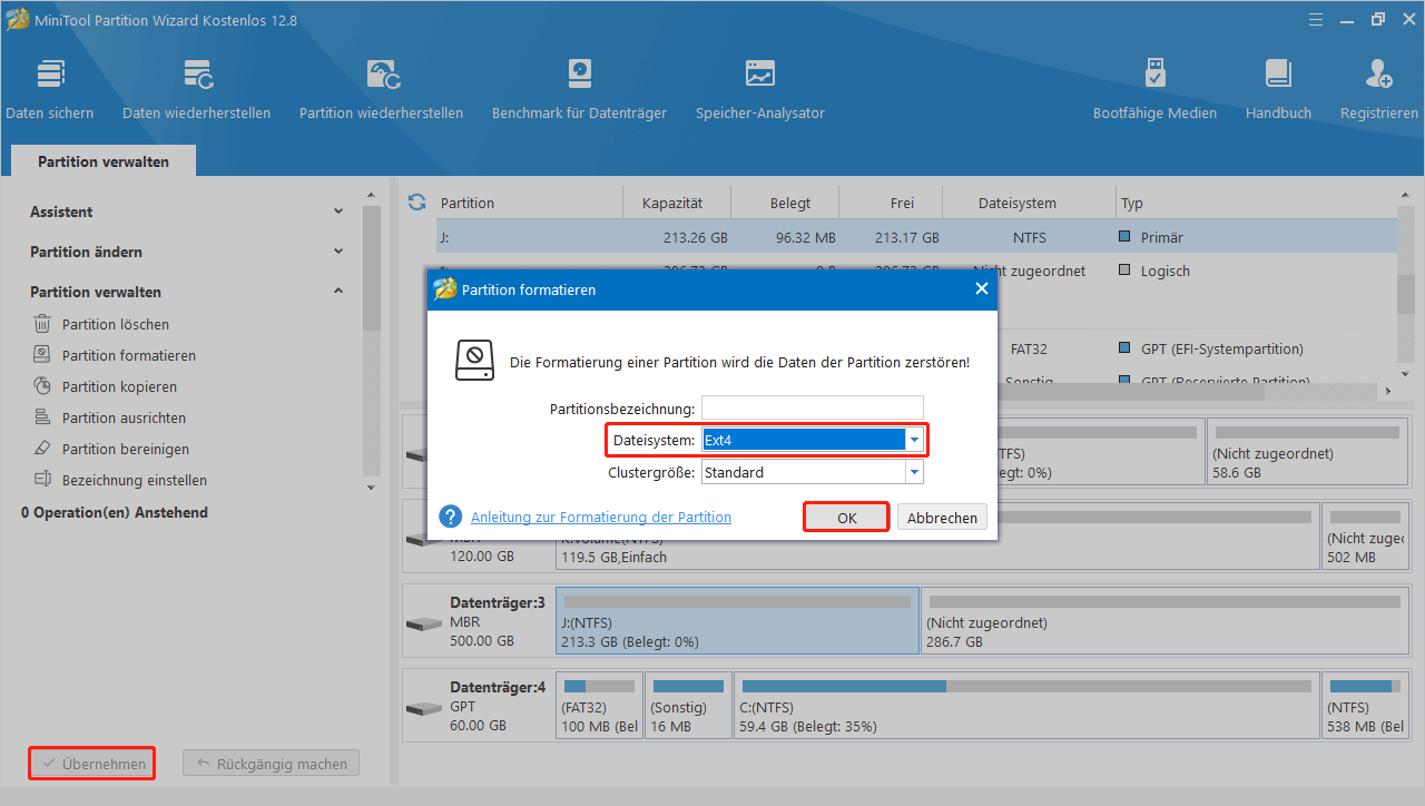 Formatierung eines Laufwerks in das Ext4-Dateisystem mit MiniTool Partition Wizard.