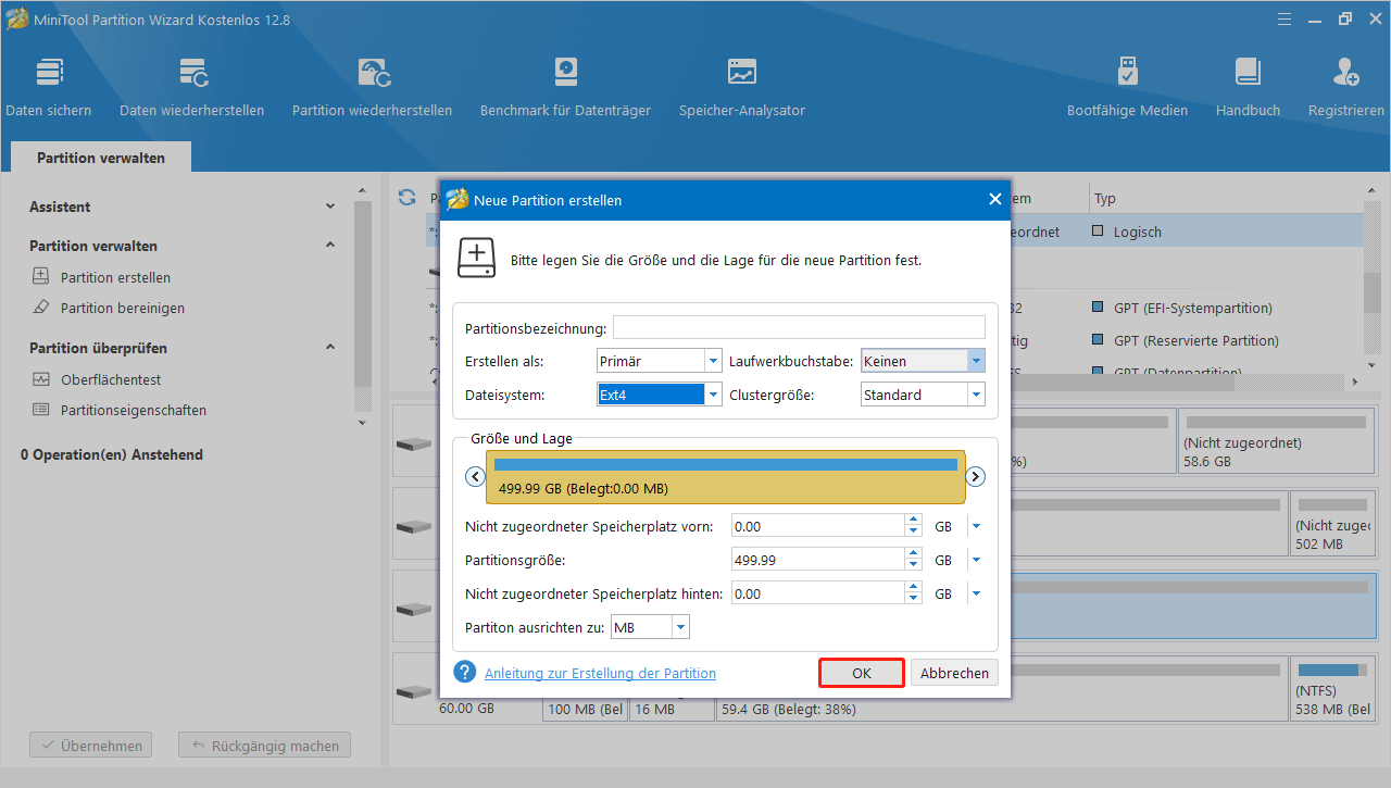 Erstellung einer Ext4-Partition mit MiniTool Partition Wizard.