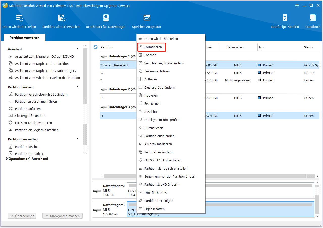 Formatieren in MiniTool Partition Wizard.