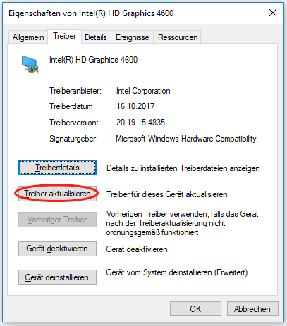 Klicken Sie auf die Schaltfläche Treiber aktualisieren.