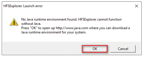 Drücken Sie „OK“, um https://www.java.com/de/ zu öffnen