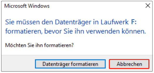 Auswahl der Schaltfläche „Abbrechen“ bei Anzeige der Aufforderung