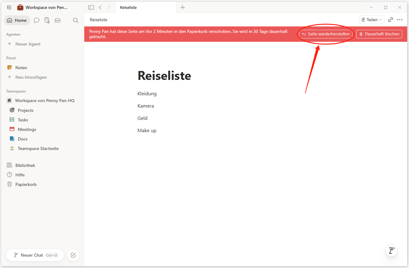 Gelöschte Seiten in Notion aus dem Papierkorb wiederherstellen.