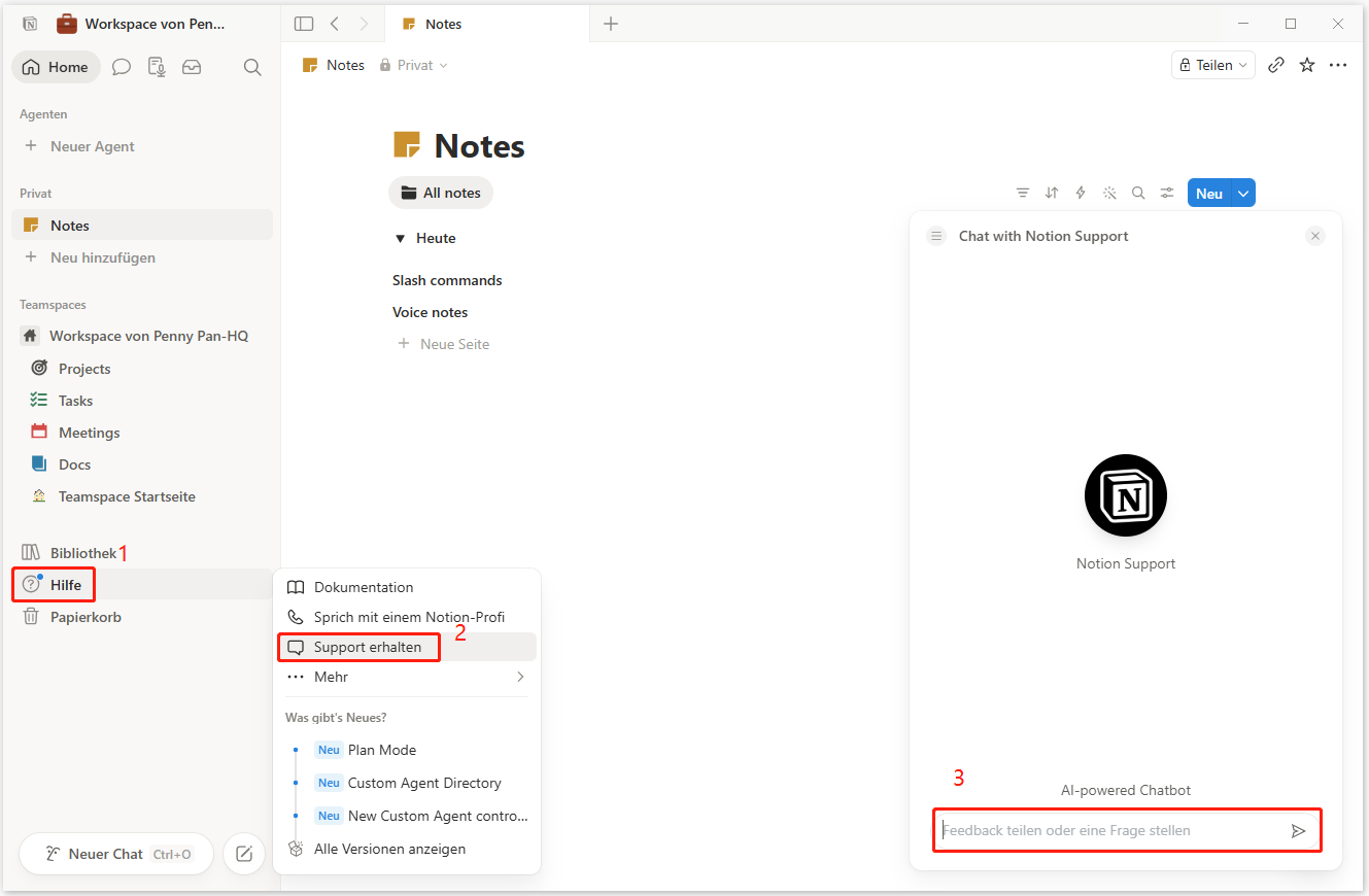 3 Schritte zum Kontakt mit Notion-Support.