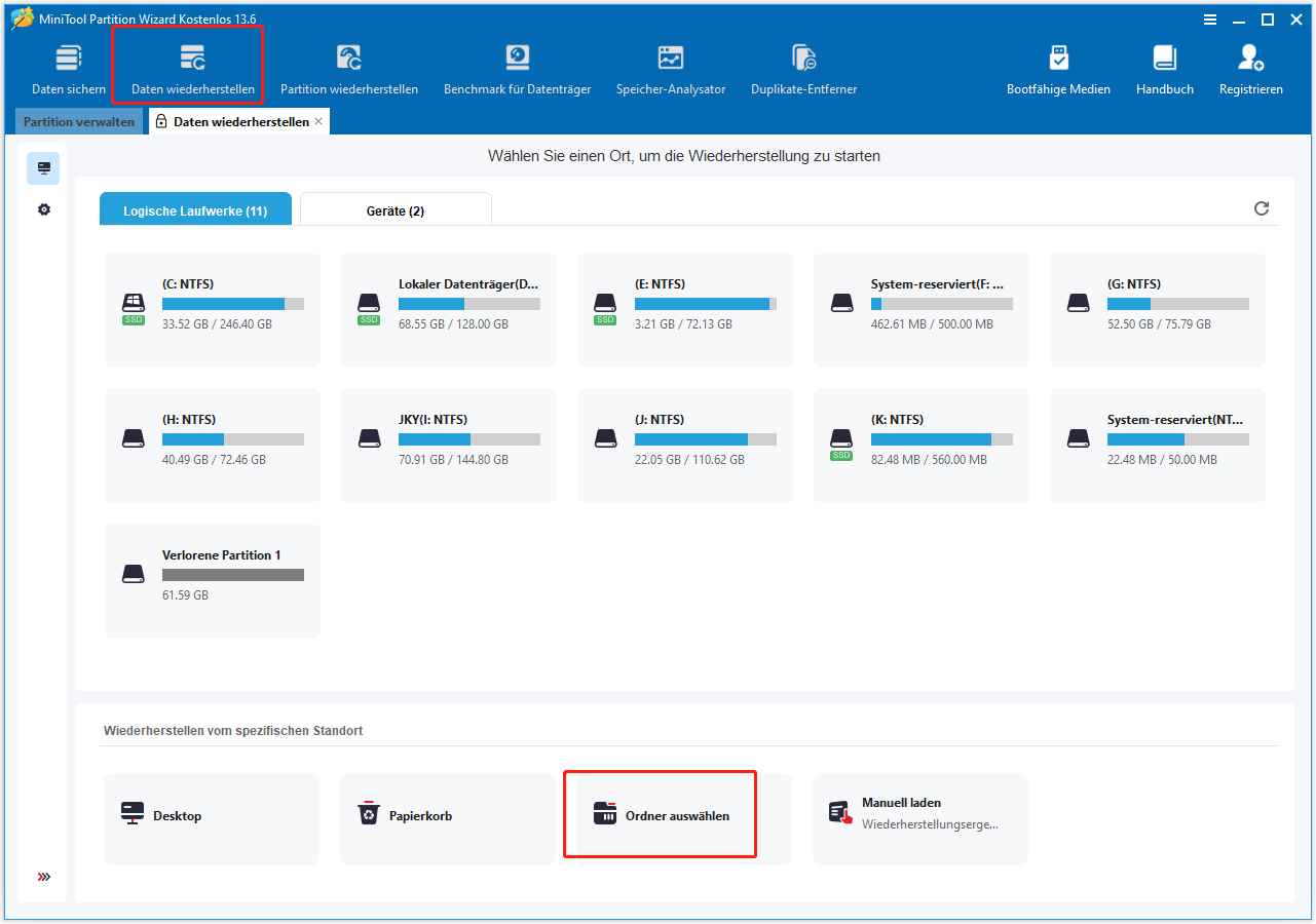 Klicken Sie in MiniTool Partition Wizard auf „Durchsuchen“ im Oberfläche von Datenwiederherstellung.