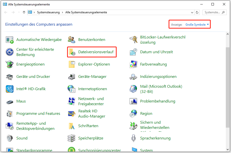 Wählen Sie „Dateiversionsverlauf“ in der Systemsteuerung.