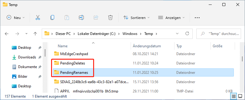 Die Ordner PendingDeletes und PendingRenames befinden sich unter %WinDir%WinSxSTemp.