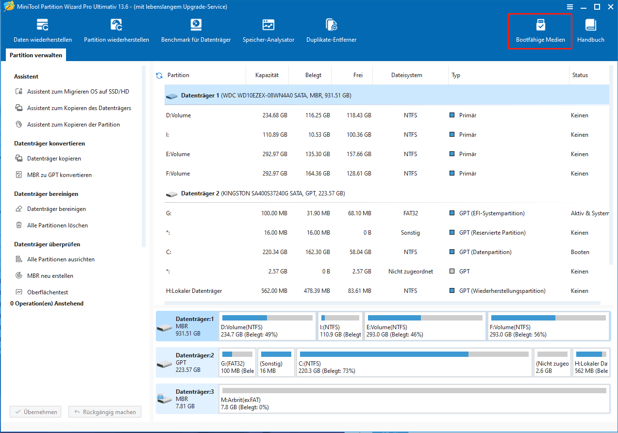 Auswahl der Option „Bootfähige Medien“ in der oberen rechten Ecke in MiniTool Partition Wizard.