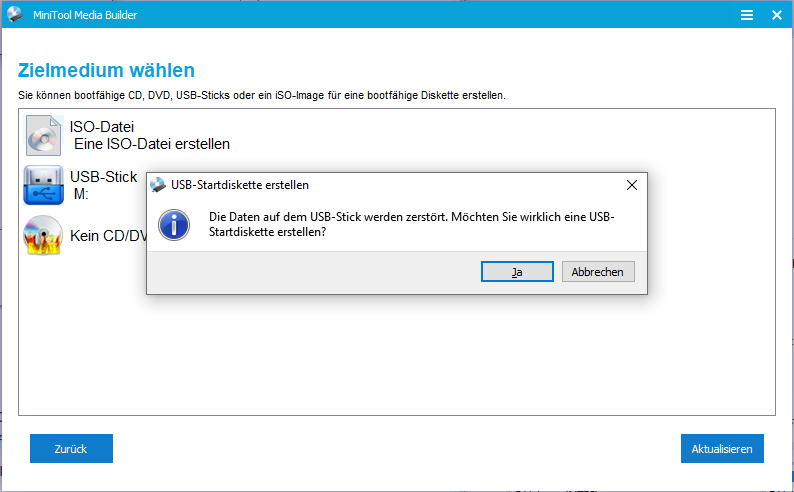 Auswahl eines USB-Sticks oder einer DVD/CD in MiniTool Partition Wizard zur Erstellung bootfähiger Medien.