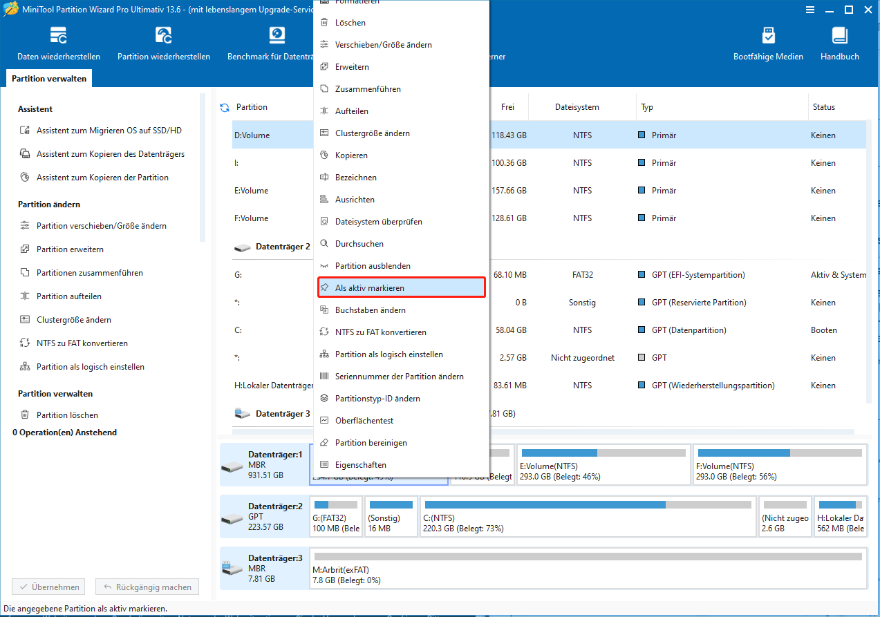 Auswahl der Funktion „Als aktiv markieren“ in MiniTool Partition Wizard.