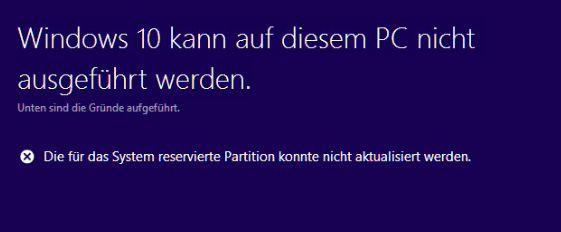 Fehlermeldung: Die für das System reservierte Partition konnte nicht aktualisiert werden.