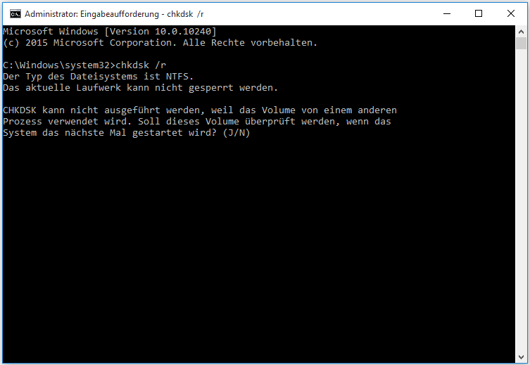 chkdsk /r in das Popup-Befehlsfenster.