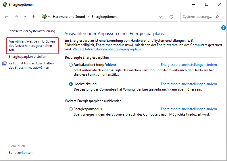 Klicken Sie auf Wählen Sie, was die Power-Tasten tun.