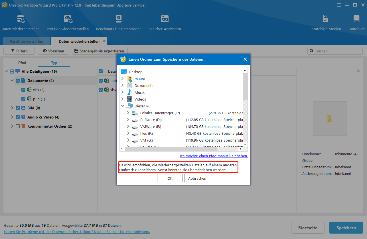 Speichern Sie die wiederhergestellten Daten in MiniTool Partition Wizard.