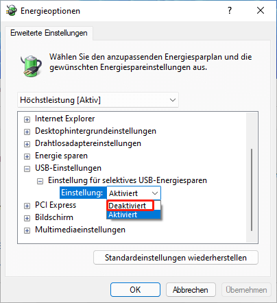 Deaktivieren Sie das selektive USB-Suspendieren von Windows 11.
