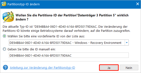 Partitionstyp-ID ändern.