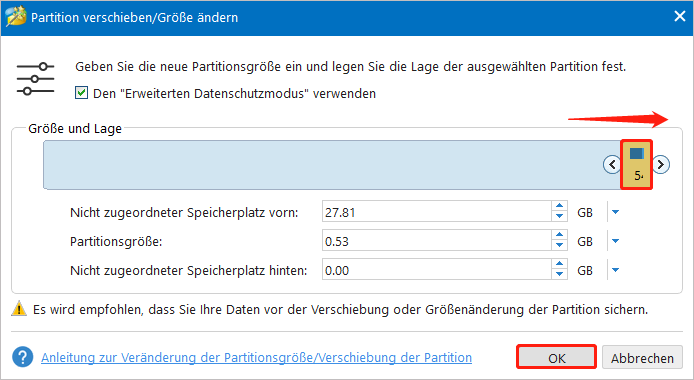 Wiederherstellungspartition verkleinern.