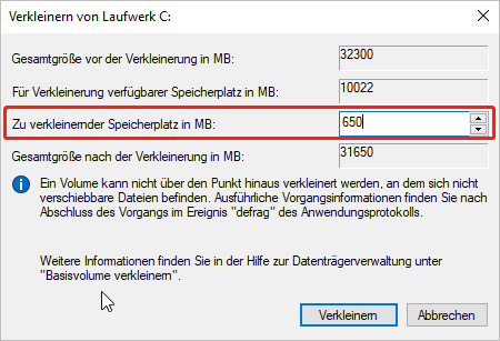 zu verkleinernder Speicherpatz in MB eingeben.