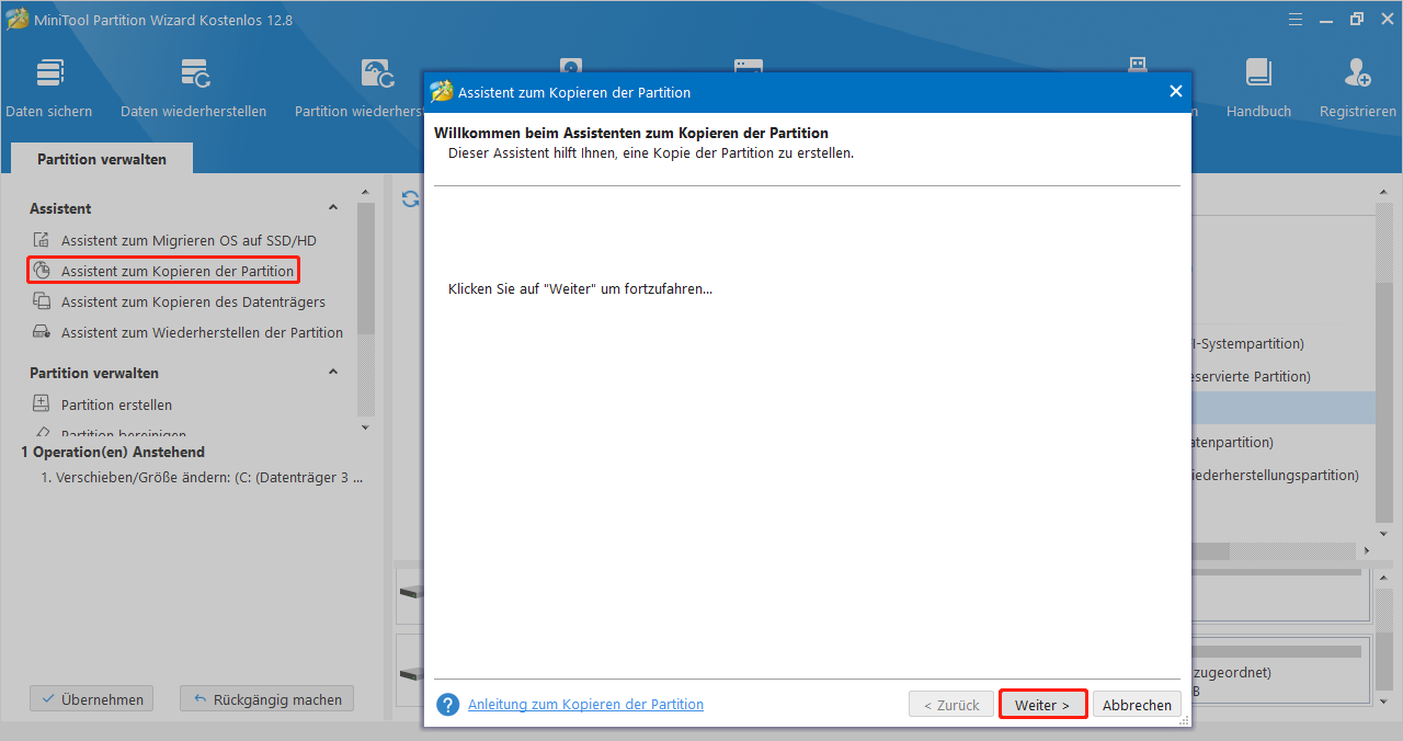 Assistent zum Kopieren der Partition.