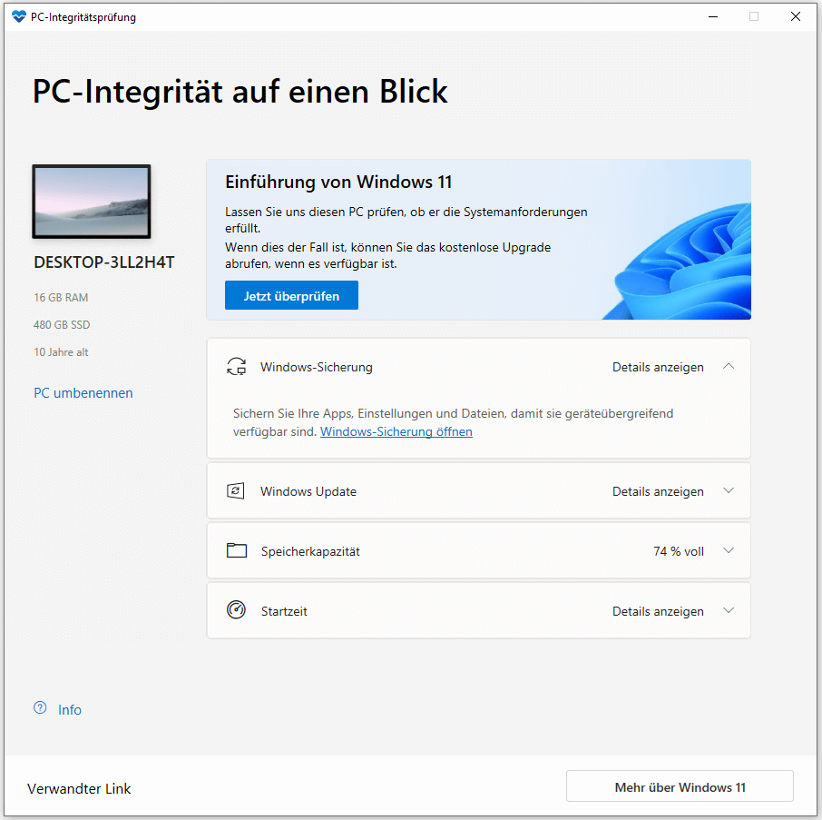 Screenshot der Hauptoberfläche von PC Health Check.