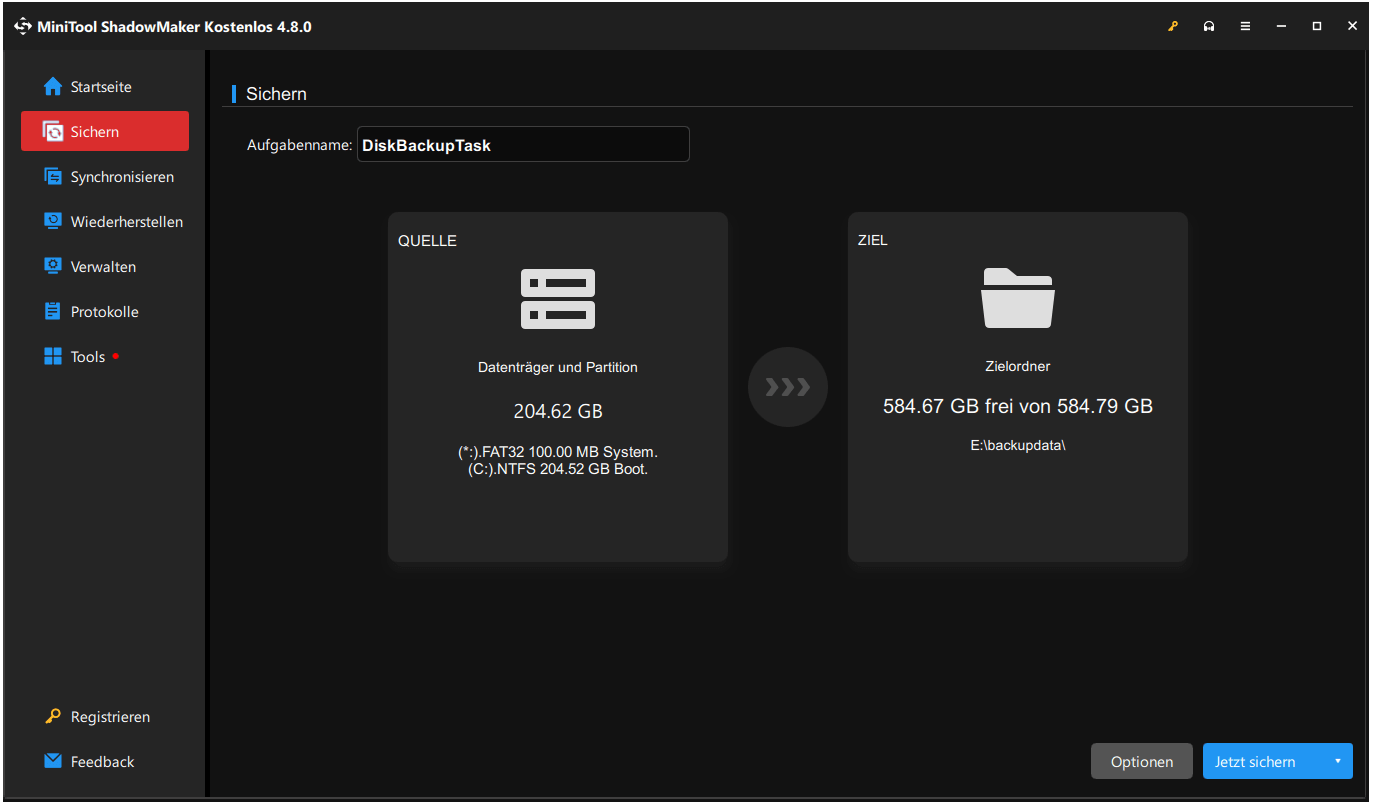 Screenshot zeigt, dass Systempartitionen ausgewählt sind, um ein Betriebssystem-Backup in MiniTool ShadowMaker zu starten.