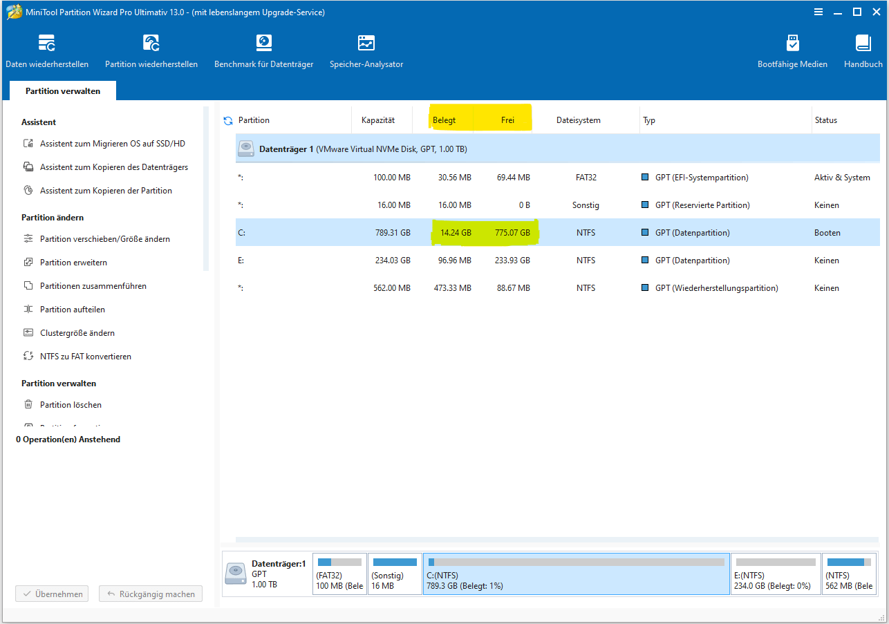 Screenshot mit der Anzeige der Festplattenkapazität in MiniTool Partition Wizard.