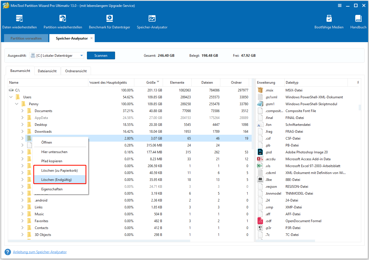 Screenshot, der zeigt, dass Sie mit MiniTool Partition Wizard unnötige Dateien von Laufwerk C löschen können, um genügend freien Speicherplatz zu erhalten.