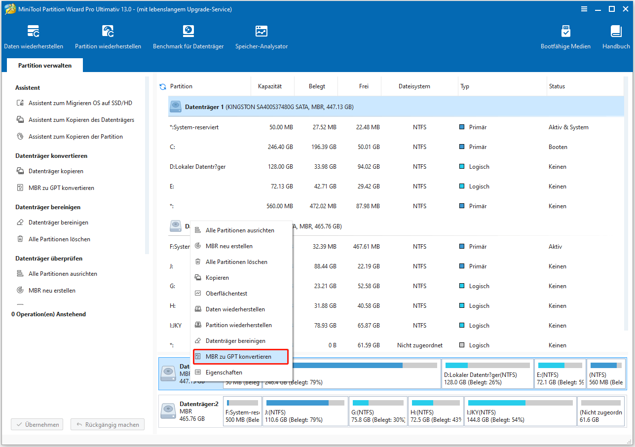 Screenshot zeigt die Konvertierung einer MBR-Systemplatte in eine GPT-Platte in MiniTool Partition Wizard.