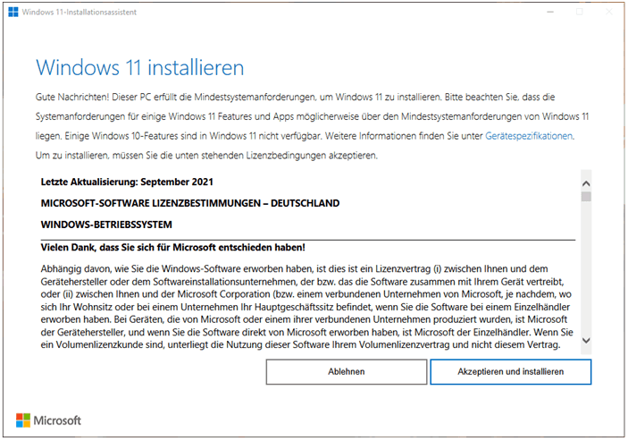 Screenshot der Oberfläche des Windows 11-Installationsassistenten.