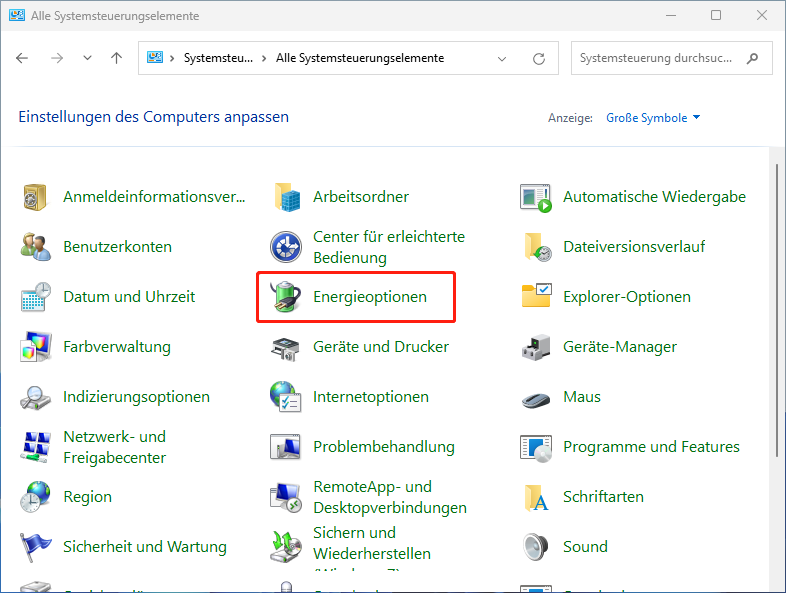Klicken Sie auf Energieoptionen