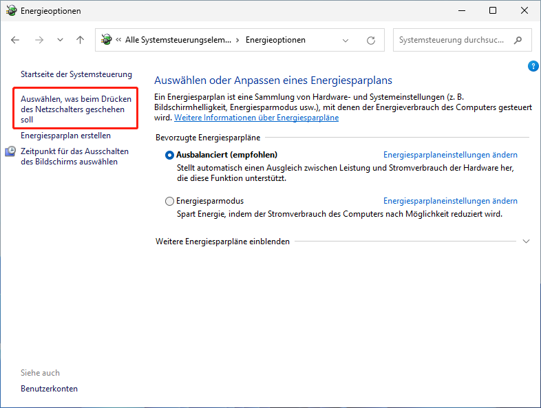 Auswählen, was beim Drücken des Netzschalters geschehen soll