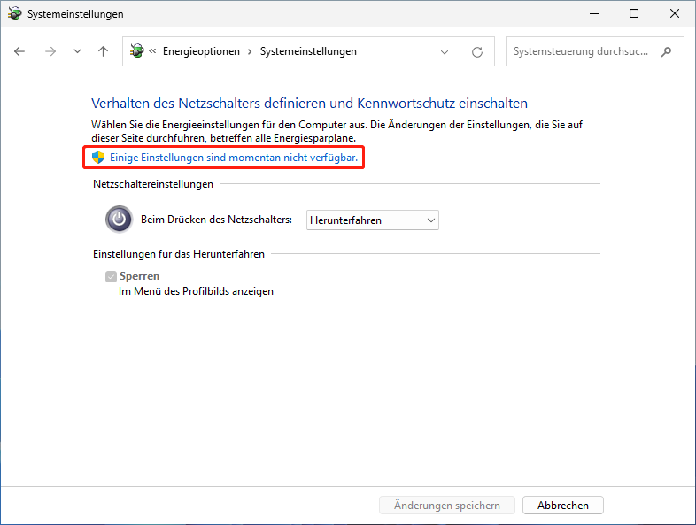 Einige Einstellungen sind momentan nicht verfügbar