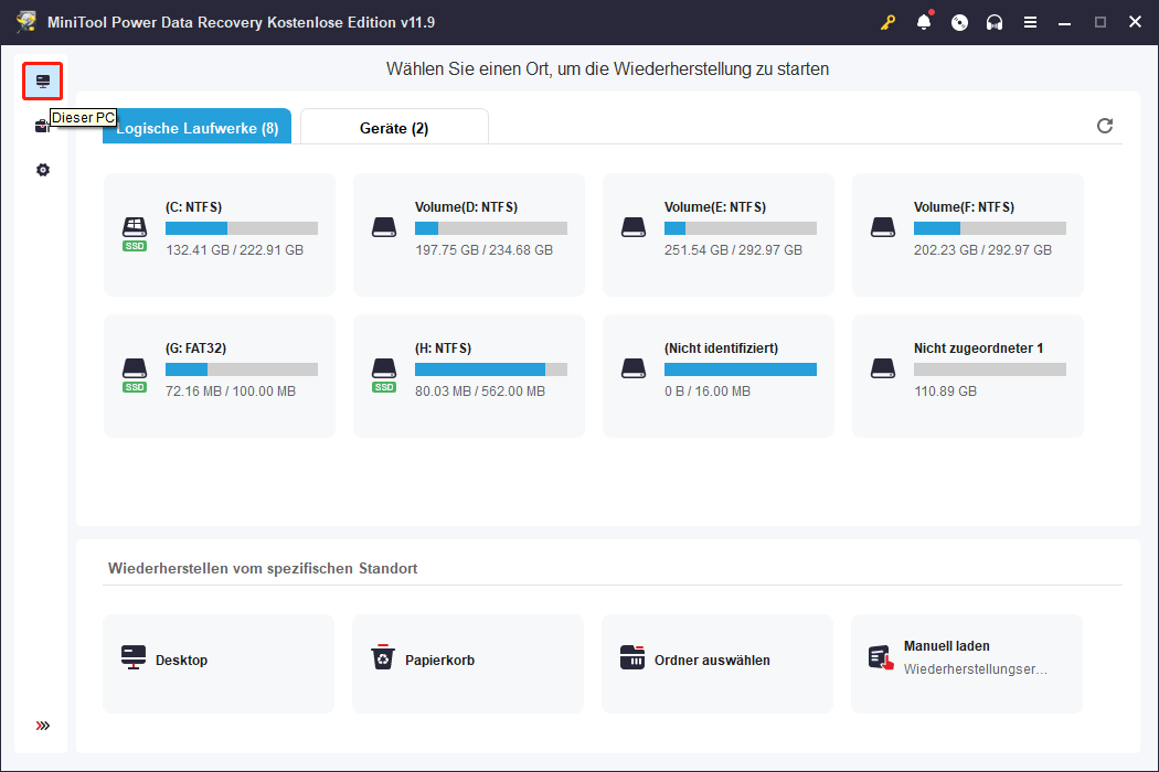 Auswahl des Laufwerks mit der 0-Byte-Datei zum Scannen in MiniTool Power Data Recovery