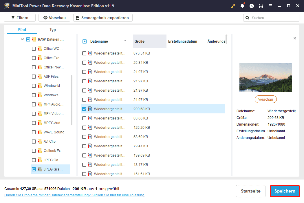 Auswahl der wiederherzustellenden Dateien in MiniTool Power Data Recovery und Auswahl der Schaltfläche Speichern