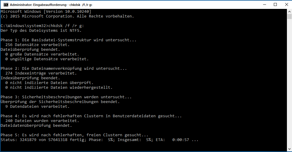 Eingabe von „chkdsk /f *:“ in die Eingabeaufforderung und Betätigung der Eingabetaste zum Starten des Vorgangs