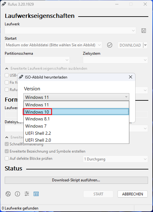 Wählen Sie Windows 10