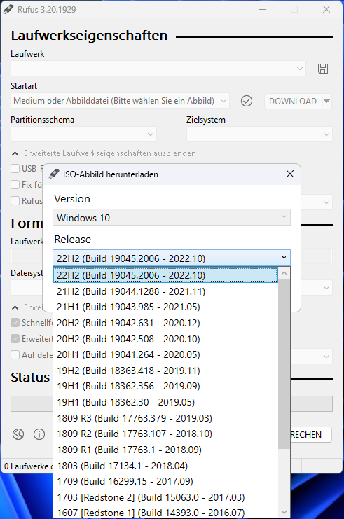 Wählen Sie den gewünschten Windows 10-Build