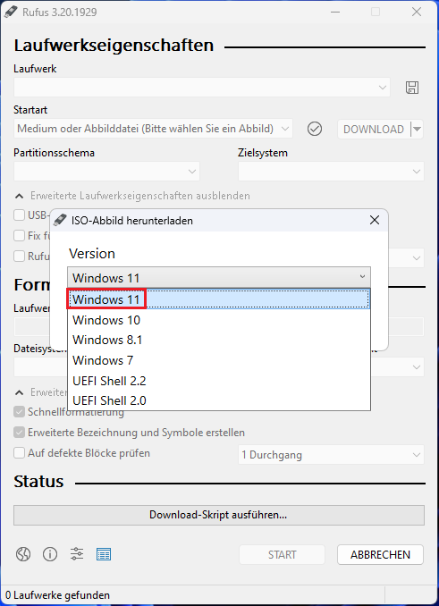 Wählen Sie Windows 11 unter Version