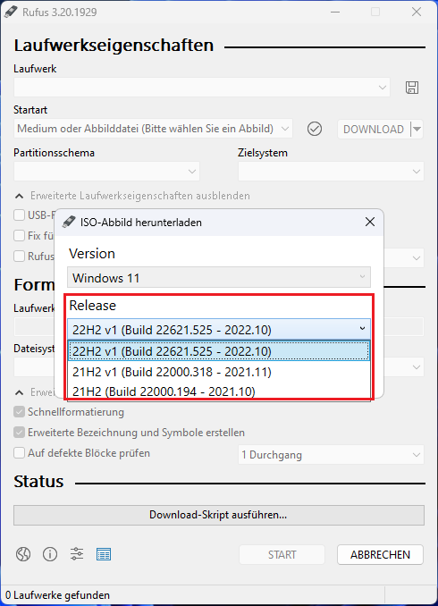 Wählen Sie den gewünschten Windows 11 Build