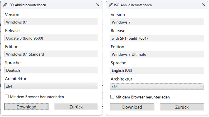 Verfügbare Windows 8.1 und Windows 7 ISO-Images in Rufus