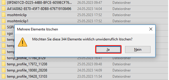Dauerhaftes Löschen der temporären Dateien.