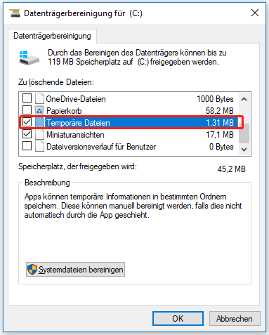 Wählen Sie Temporäre Dateien.