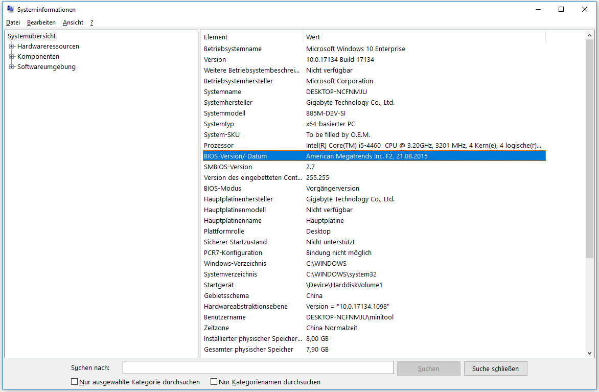 BIOS-Version/-Datum in den Systeminformationen.