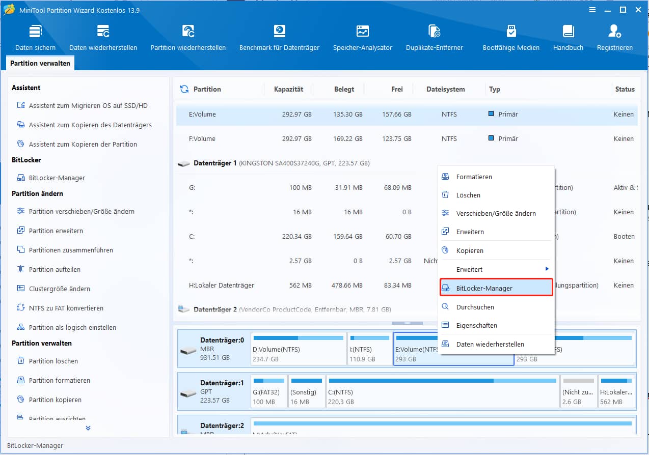 MiniTool Partition Wizard-Oberfläche, in der BitLocker-Manager im Rechtsklick-Menü für das markierte Laufwerk ausgewählt ist.