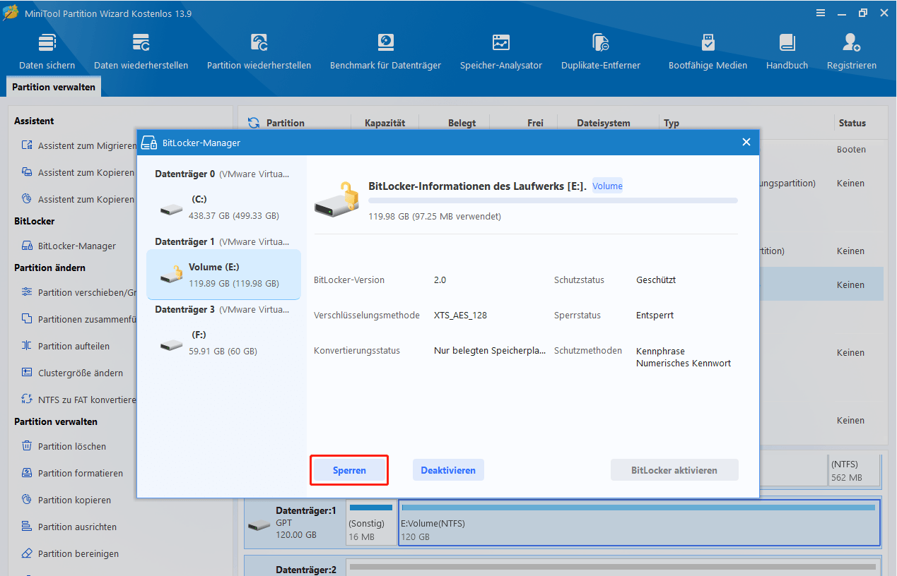 MiniTool Partition Wizard-Oberfläche mit geöffnetem BitLocker-Manager-Fenster und hervorgehobener Schaltfläche Sperren.
